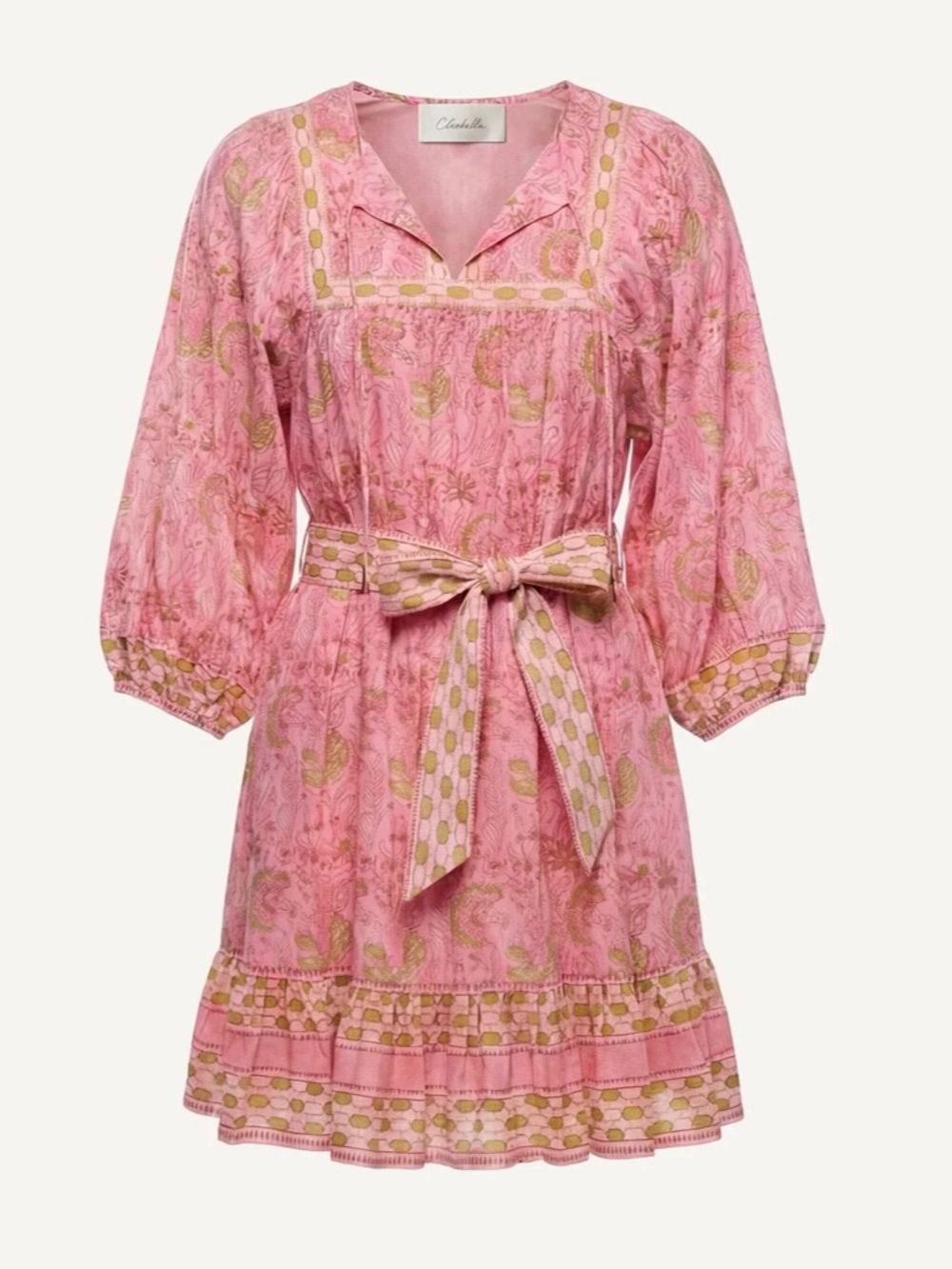 Cleobella Pink & Olive Floral Cotton Dress with Waist Tie